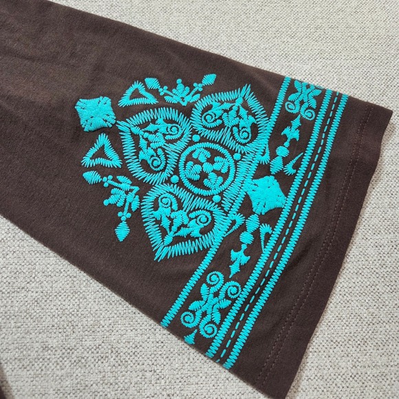 Ad Hoc Brown Mini Dress Turquoise Embroidered Cotton Knit Bohemian Women's S - Picture 6 of 9